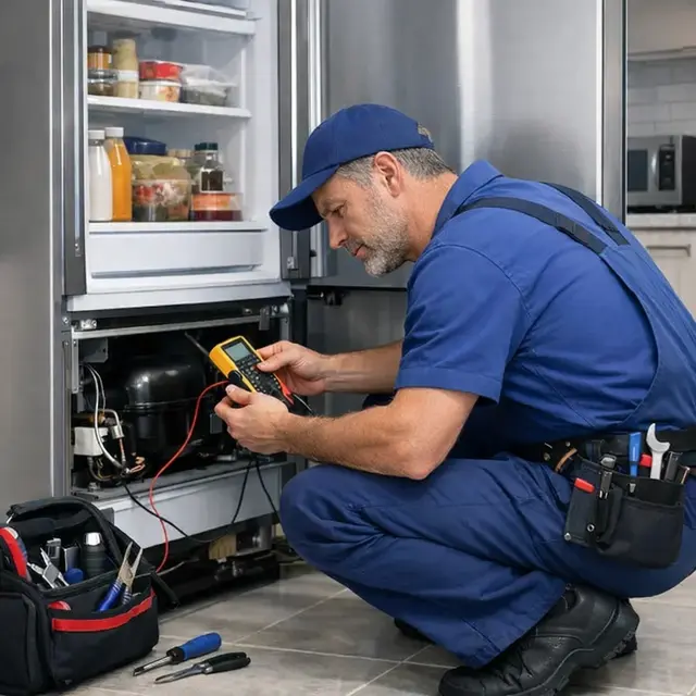 Técnico da Eletrodomésticos Rosa realizando conserto de geladeira no Lauzane Paulista